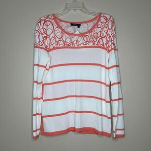 ORLY NWT Coral & White Striped Sweater with Abstract Pattern Long Sleeve L/G‎